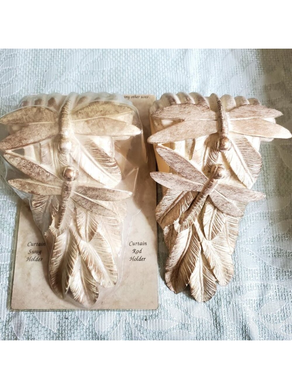 2 Vtg NIP Soft Gold Dragonfly Nouveau Leaf Curtain Tie Backs Scarf Hangers 8x4